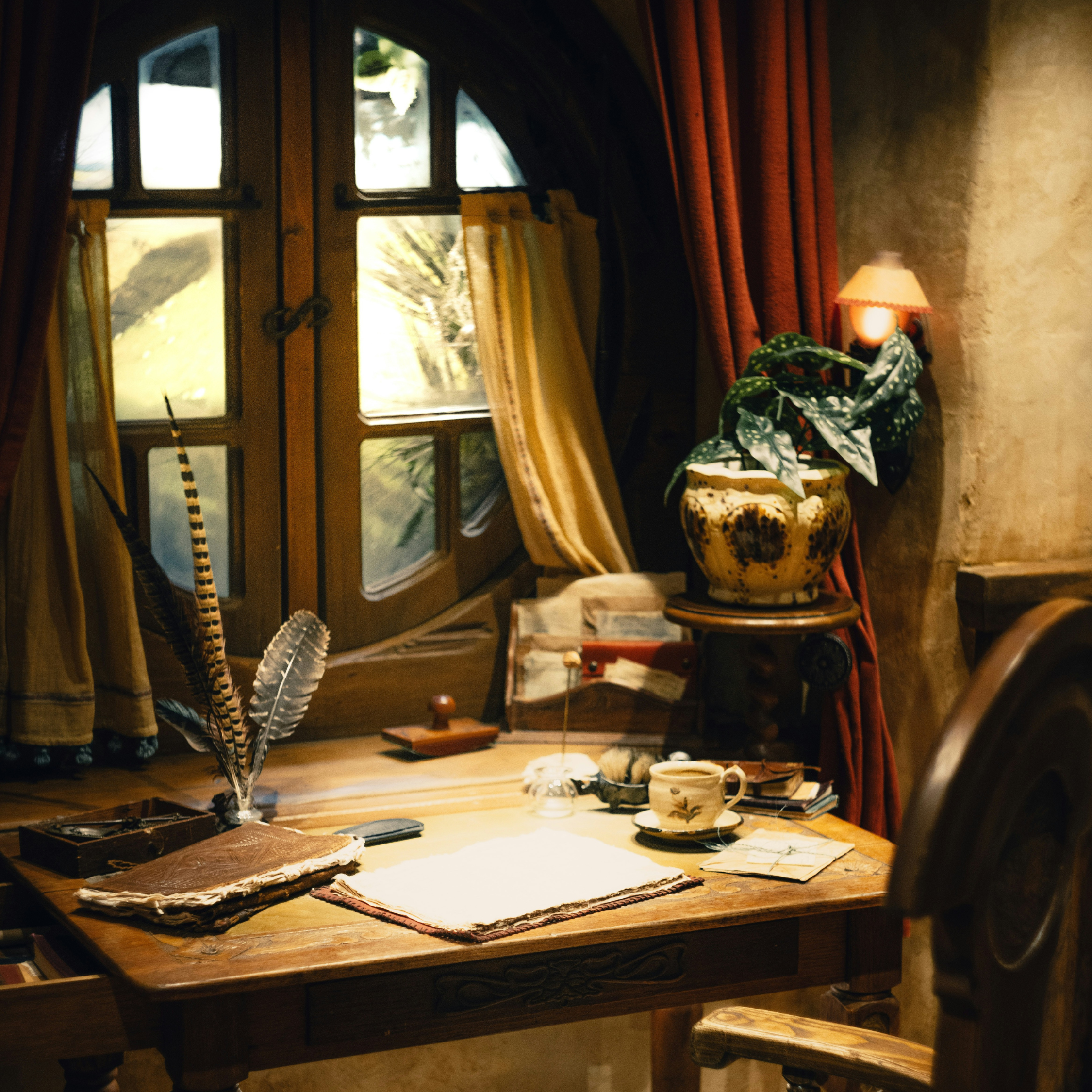 Bilbo's desk sitting under a round hobbit window